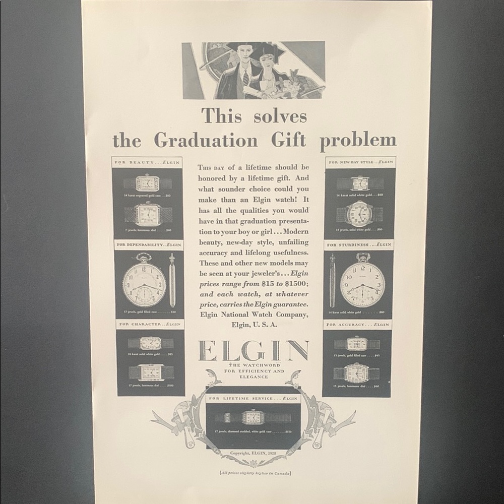 Vintage 1928 Elgin Watch Graduation Gift Ad Advertisement